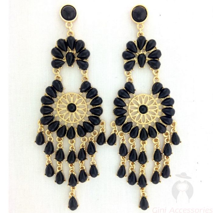 Black Beaded Chandelier Earrings, Black And Gold Long Chandelier Earrings